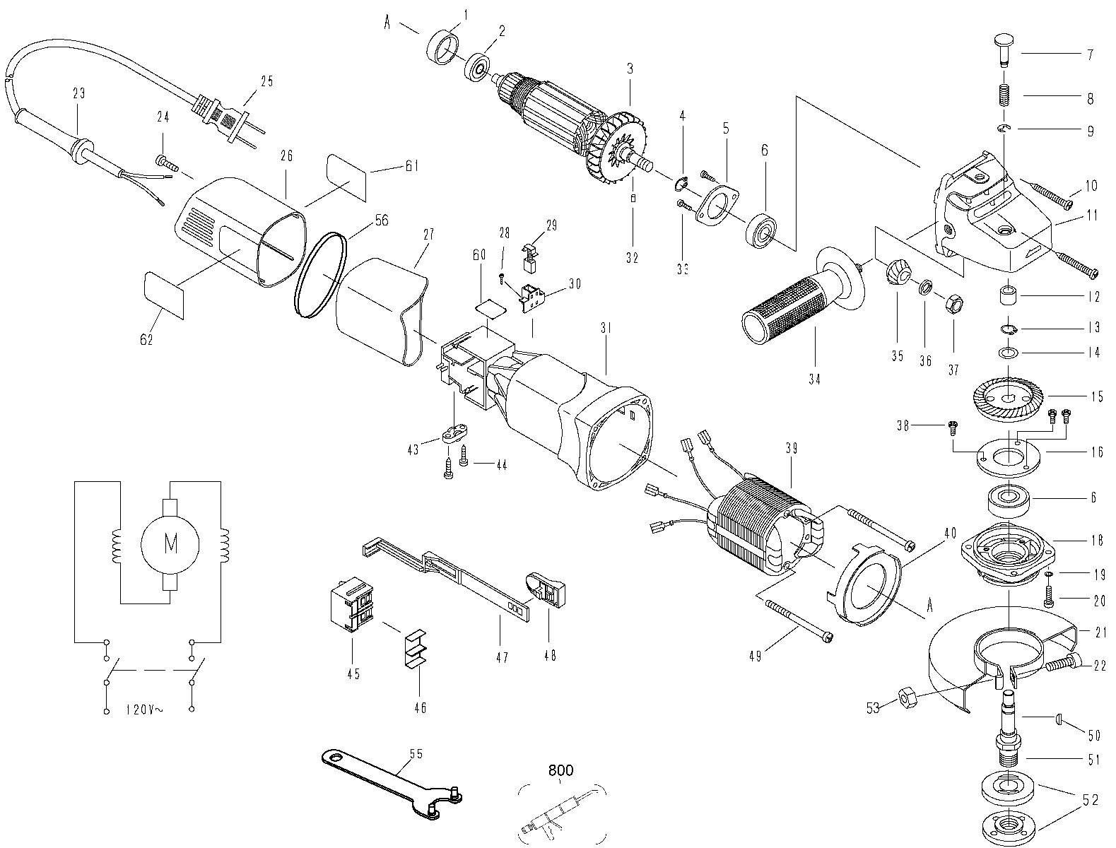 Default Diagram and Parts List for GR750K Type 1 Black and Decker Grinder